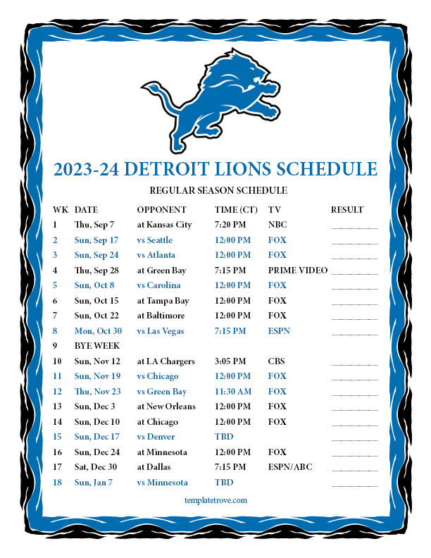 Detroit Lions Schedule 202425 Printable Free Pdf Farmed Kitchen